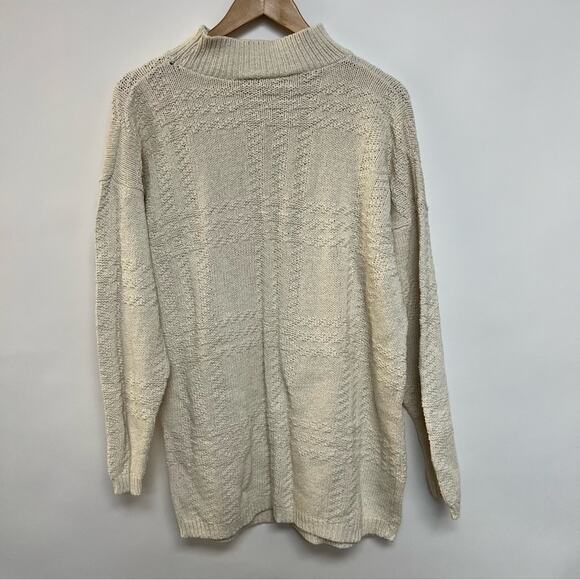 80s Vintage Cream Nova Check Plaid Embroidered Sweater Mock Neck Pullover Small - Picture 7 of 9